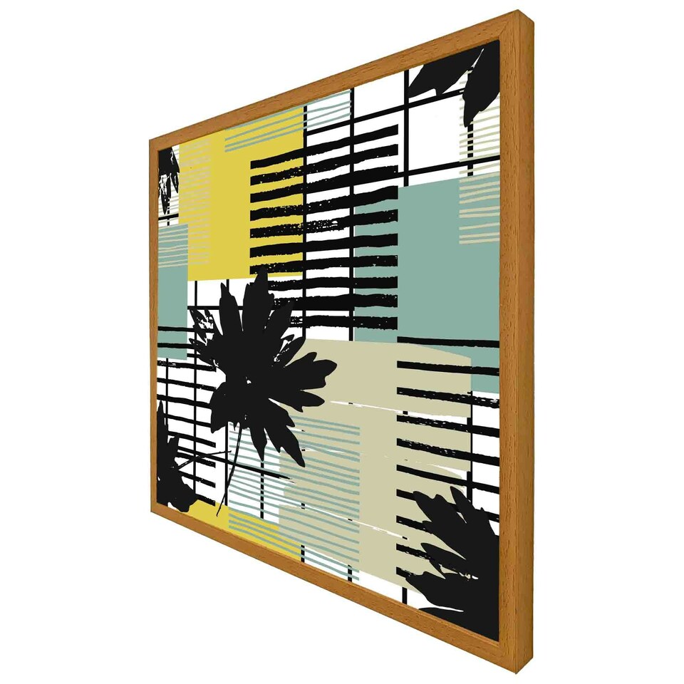 image 1 of Geometric shape & leaf print in yellow & green (Picture Frame) Grey | L