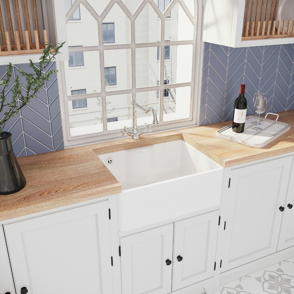 image 1 of 595mm - 1 Bowl Fireclay Butler Kitchen Sink - Tap Ledge, Overflow, Classic Tap & Waste
