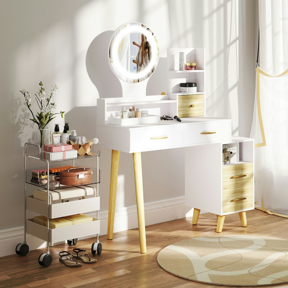 image 1 of HOMCOM Dressing Table with Mirror, Vanity Table with LED Lights, White