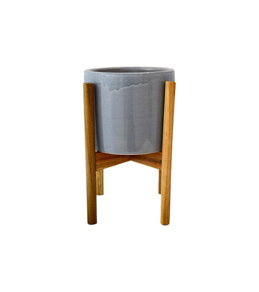image 1 of Anzio Planter with Wooden Stand - Ceramic - L24 x W24 x H38.5 cm - Warm Grey | Grey