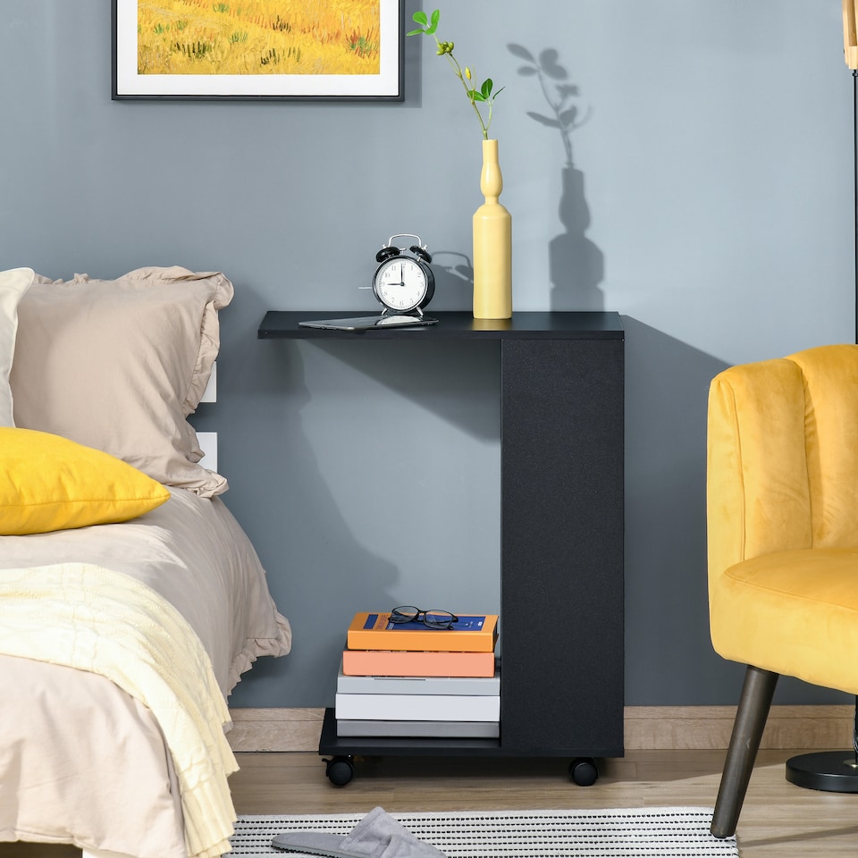 image 1 of HOMCOM Mobile Sofa Side Table C-Shape End Table with Storage and Casters for Laptop Coffee Snack, Black