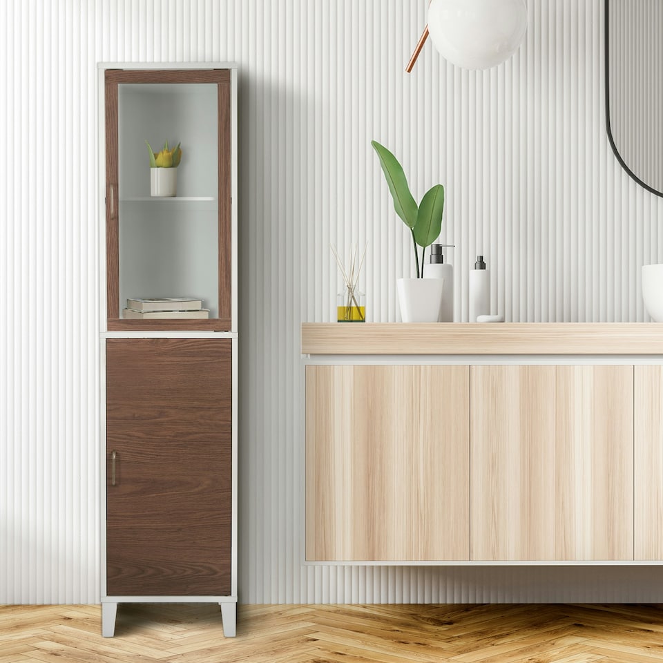 image 1 of Teamson Home Tyler Modern Wooden Linen Tower Tall Storage Cabinet with Two Doors, Walnut/White