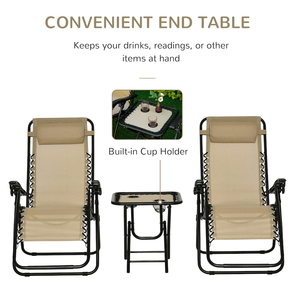 image 1 of Outsunny 3PC Zero Gravity Chairs Sun Lounger Table Set Beige