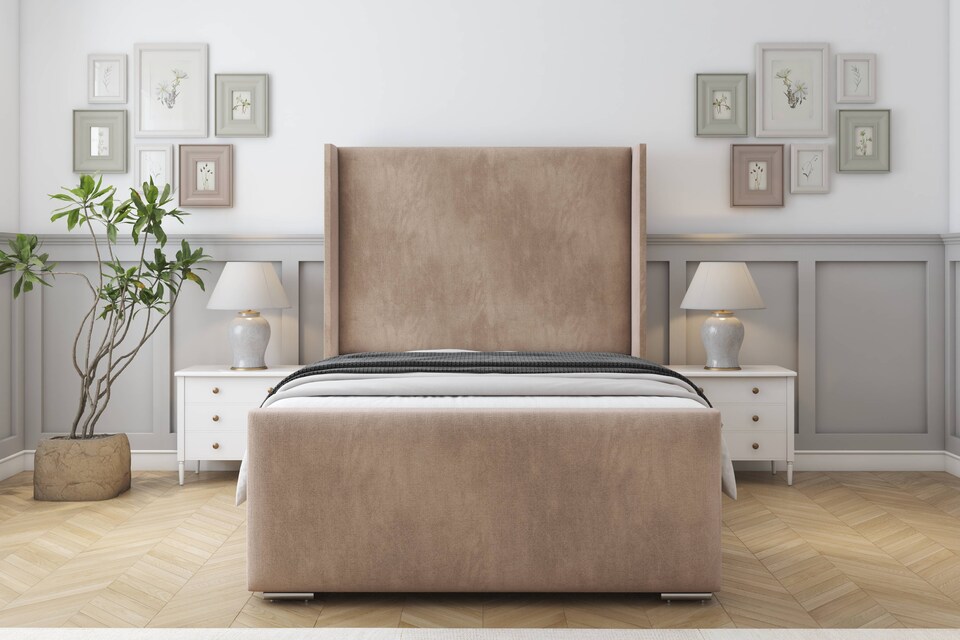 image 1 of Sloomy Devonshire Mink Naples Bed Frame With Mattress With 50"  Upholstered Wingback Headboard 4' Small Double