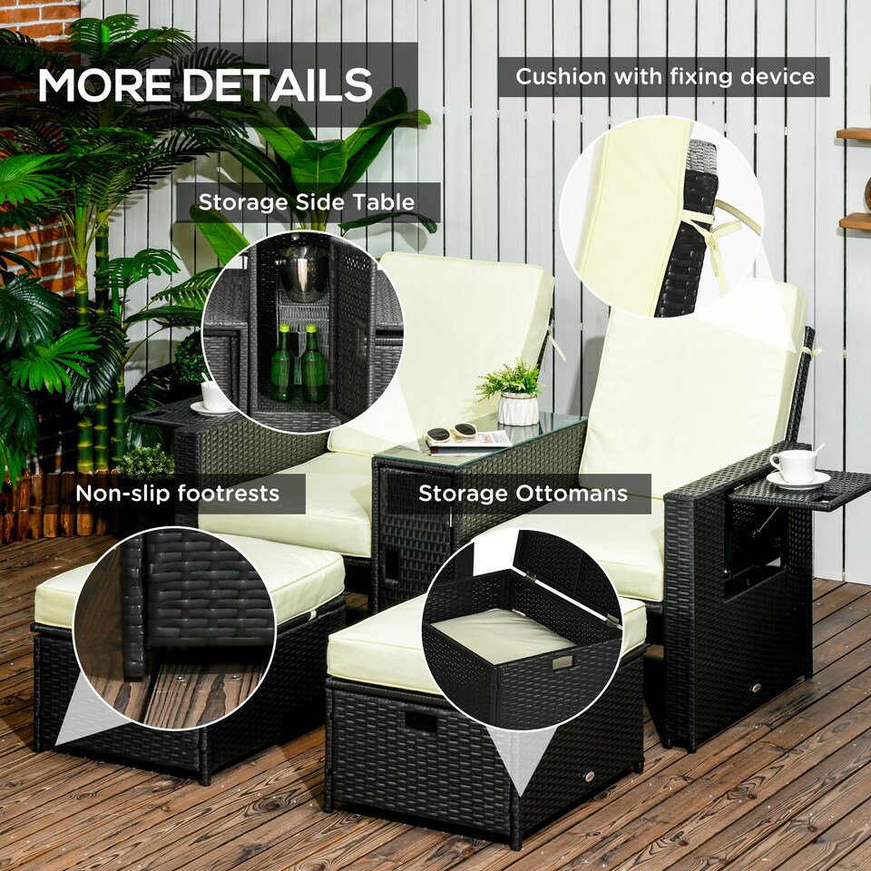 image 1 of Outsunny 5PC PE Rattan Sun Lounger, Outdoor Wicker 5-level Adjustable Recliner Sofa Bed with Storage Side Table and Footstools, for Patio, Garden, Poolside, Black