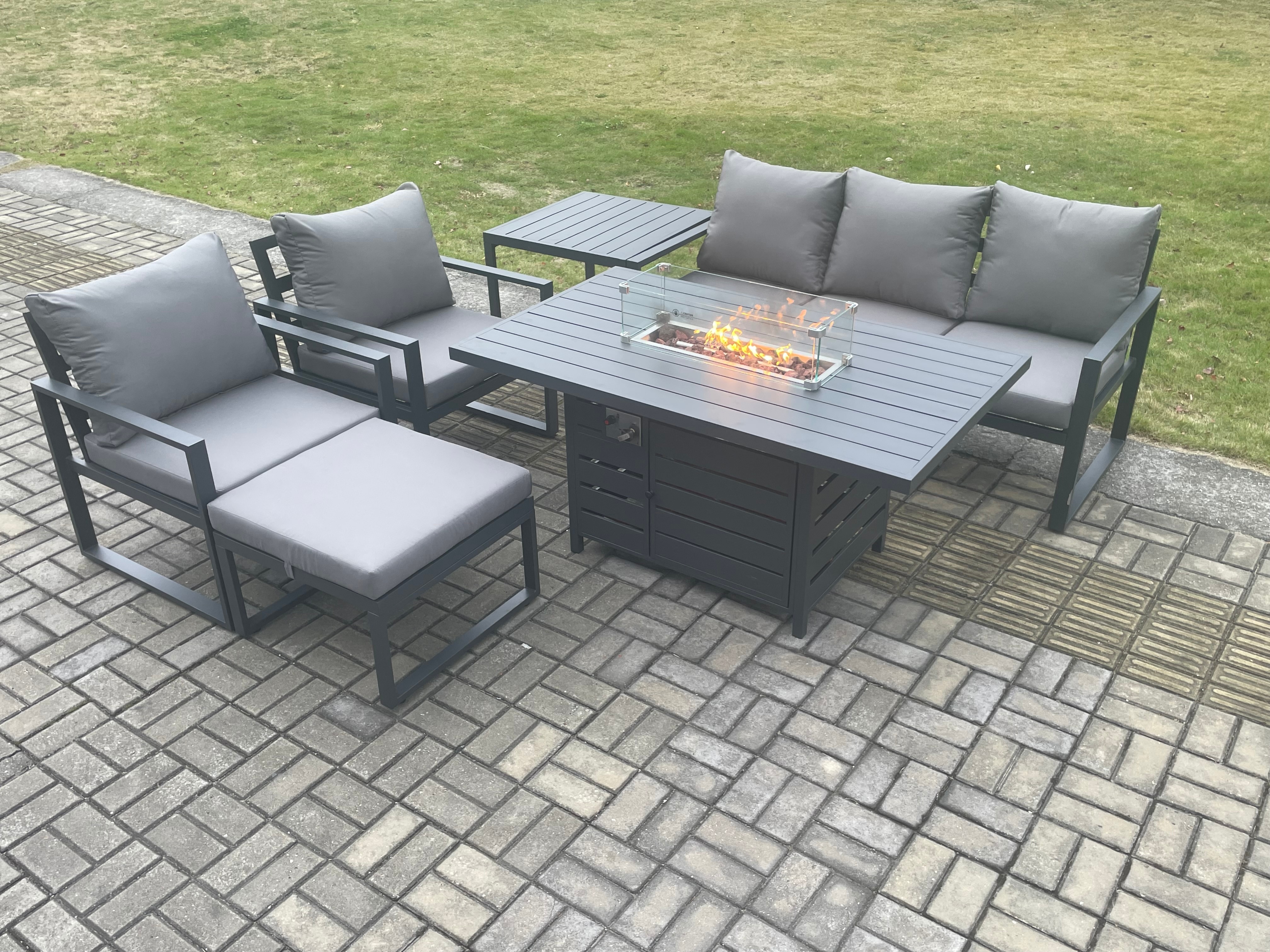 Fimous Aluminium Outdoor Garden Furniture Set Gas Fire Pit Dining Table Set Gas Heater Burner with 2 Arm Chair Side Table Big Footstool Dark Grey 6 Se