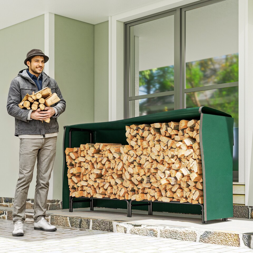 image 1 of Outsunny Firewood Rack with Waterproof Cover, Heavy Duty Metal Log Store Indoors, Log Storage Holder for Outdoor Indoor Fireplace, 200 x 36 x 99 cm, Dark Green