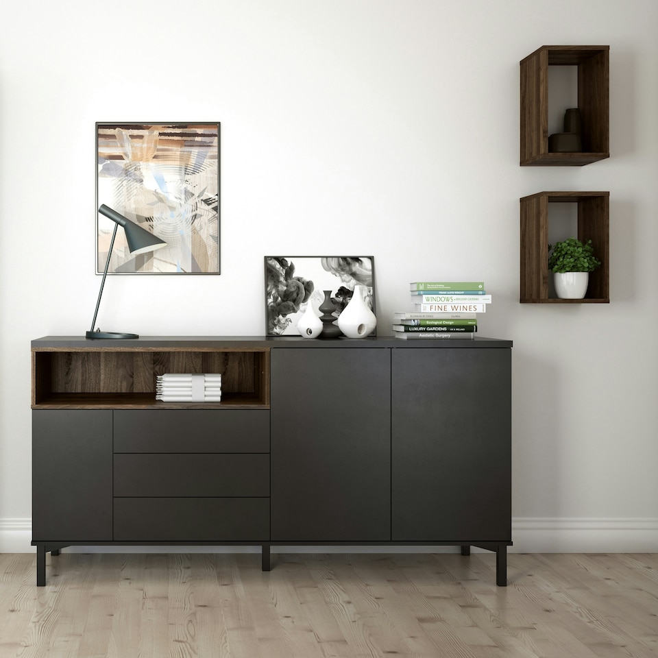 image 1 of Roomers Sideboard 3 Drawers 3 Doors in Black and Walnut