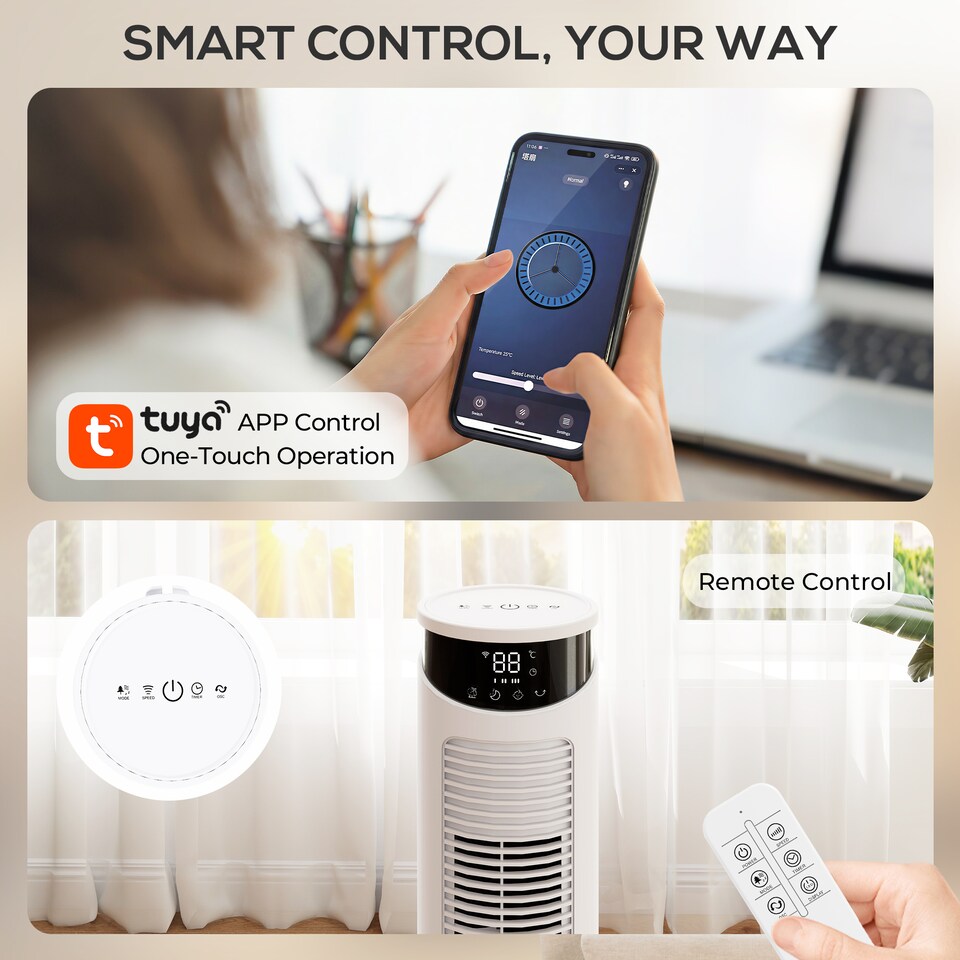 image 1 of HOMCOM Tower Fan with WiFi Control 116 cm | White | White | 31.5 x 31.5 x 116 cm