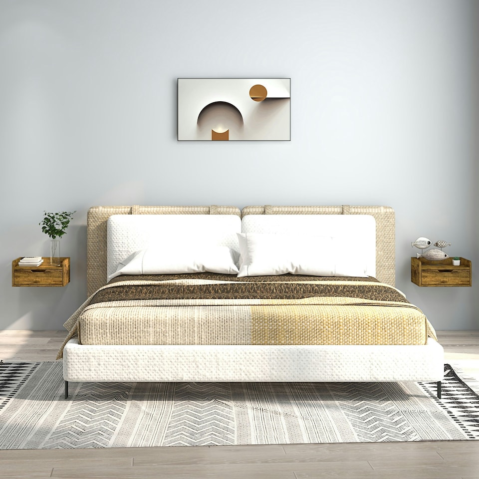 image 1 of HOMCOM Floating Nightstands Set of 2, Wall Mounted Bedside Table with Storage Drawer for Bedroom, Natural