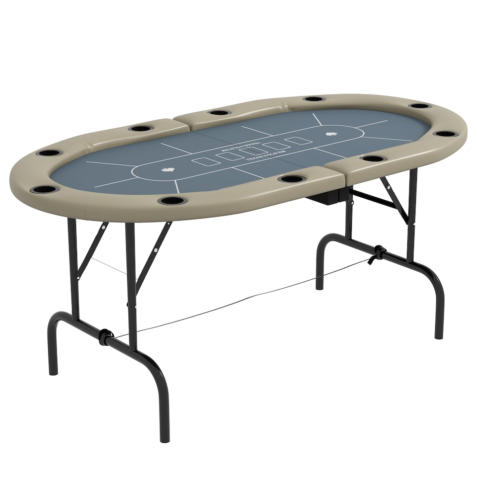 image 1 of SPORTNOW 8 Player Folding Poker Table, Oval Portable Blackjack Casino Table with Cup Holders, Cushioning Edge, Brown and Blue