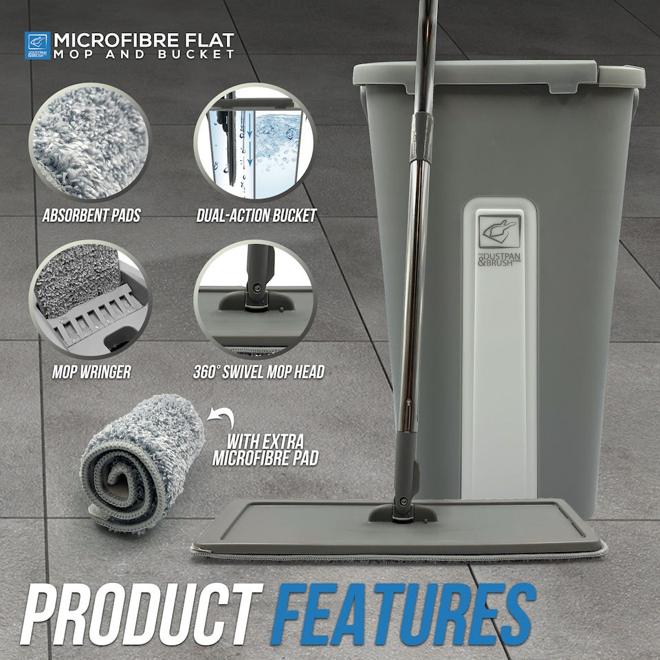 image 1 of Flat Mop and Bucket Set with Swivel Head Built In Wringer and 2 Washable Microfibre Mop Heads