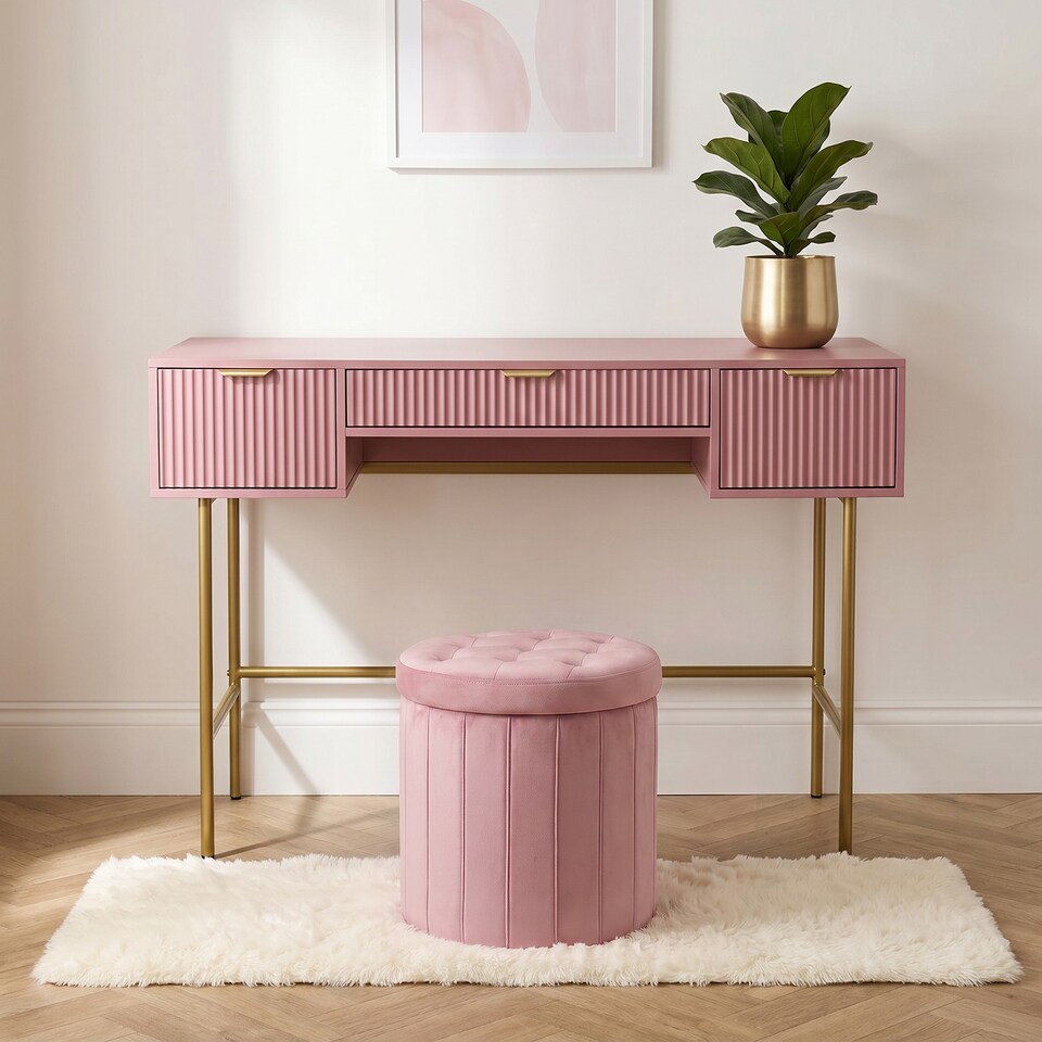image 1 of OHS Ribbed Dressing Table Vanity Makeup Desk with 3 Drawers | Deep Blush