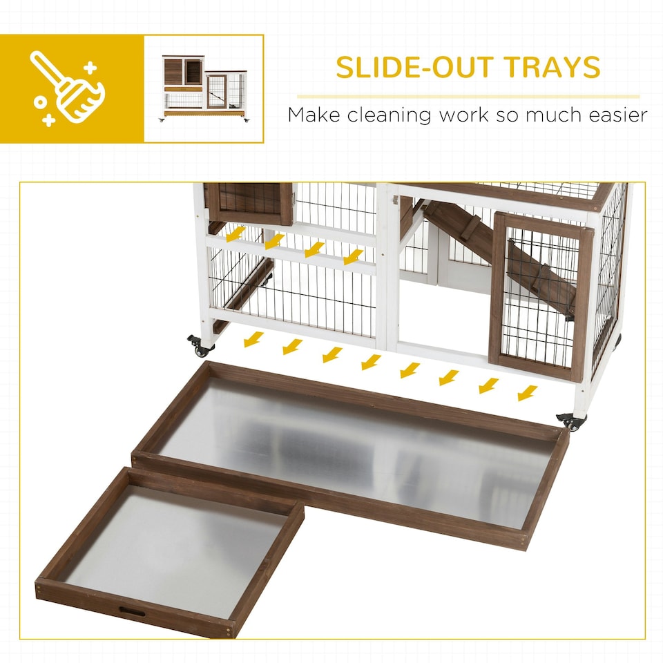 image 1 of PawHut Rabbit Hutch, Guinea Pig House Cage w/ Wheels & Enclosed Run, Brown