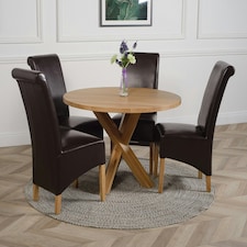 Oregon Round Oak Dining Table with Montana Leather Chairs Brown