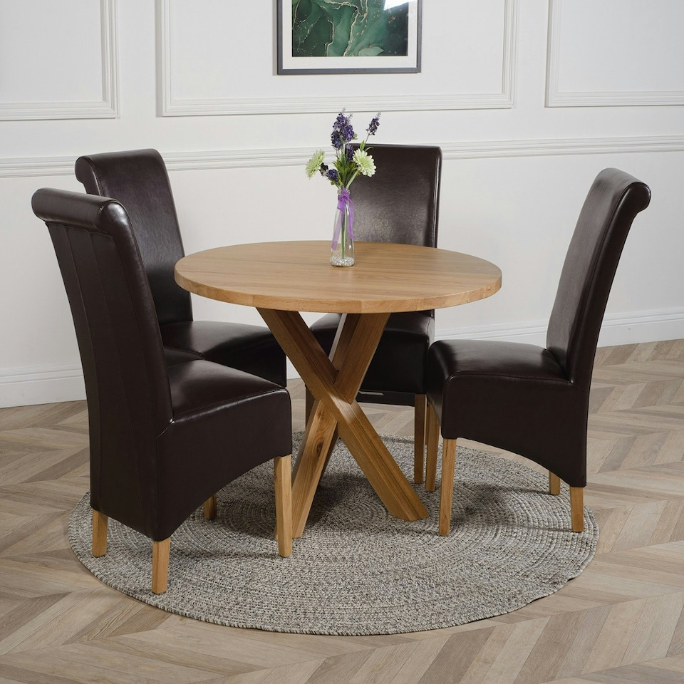 image 1 of Oregon Round Oak Dining Table with Montana Leather Chairs Brown