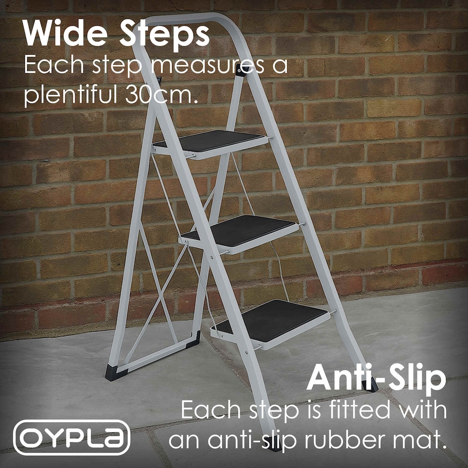 image 1 of Foldable 3 Step Ladder Stepladder Non Slip Tread Safety Steel | White