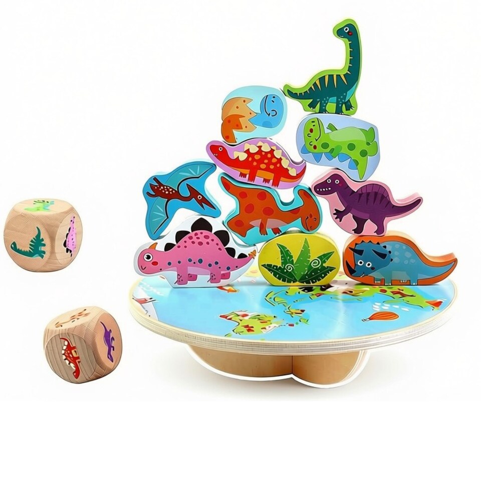 image 1 of Wooden Dinosaur Stacking Balance Toy -Animal Balance Blocks with Dice, Wooden Rocker Board & 10 Dinosaur Shapes, Educational Fine-Motor Skill Game