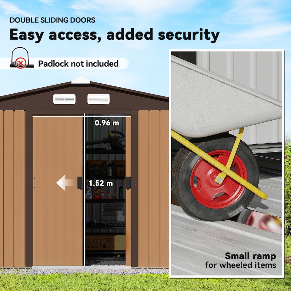image 1 of Outsunny 9 x 6FT Galvanised Garden Storage Shed w/Sliding Door, Light Brown