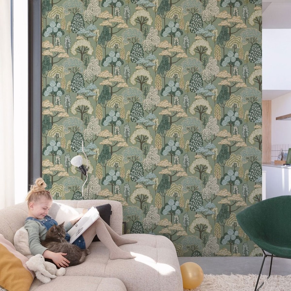 image 1 of Grandeco Happy Trees Textured Wallpaper | Green | Green | 1