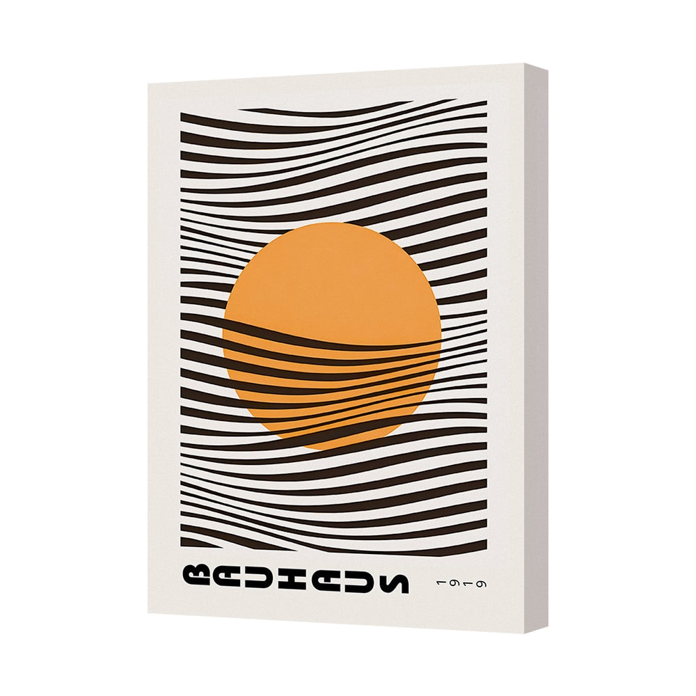 Sunset Abstract Canvas Wall Art Print With Orange Sun And Black Waves