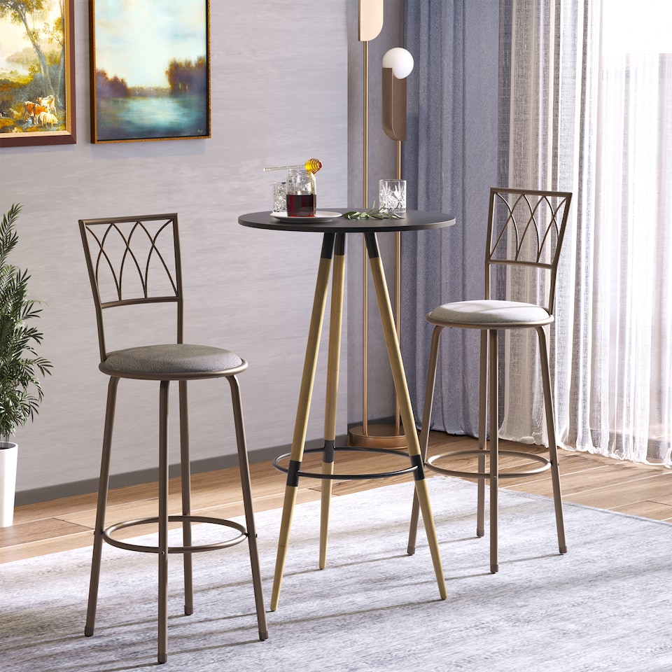 image 1 of HOMCOM Set of 2 Bar Chairs Swivel Armless Upholstered Metal Frame Barstools with Backrest & Footrest, Bronze