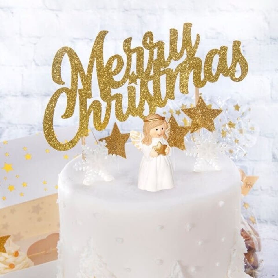 image 1 of Anniversary House Glitter Merry Christmas Cake Topper Gold