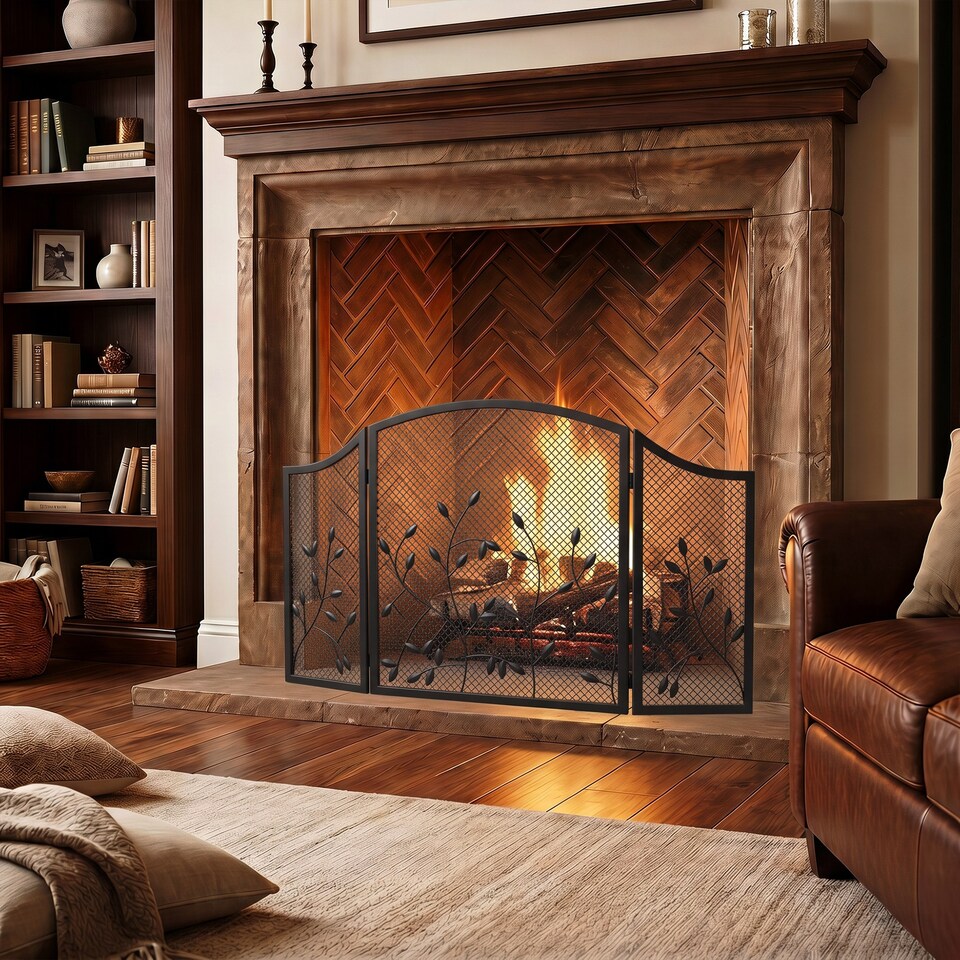 image 1 of HOMCOM 3-Panel Folding Fireplace Screen for Protection, Black