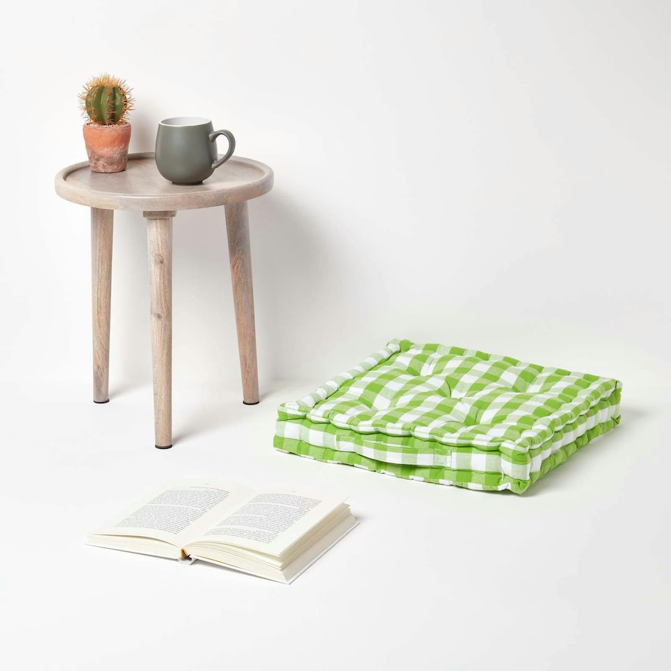 image 1 of Homescapes Green Block Check Cotton Gingham Floor Cushion - 40 x 40 cm | Green | 40 x 40 cm