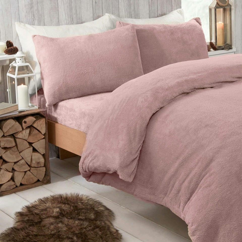 image 1 of OHS Ultra Soft Teddy Fleece Duvet Cover and Pillowcase Set, Single - Blush Pink