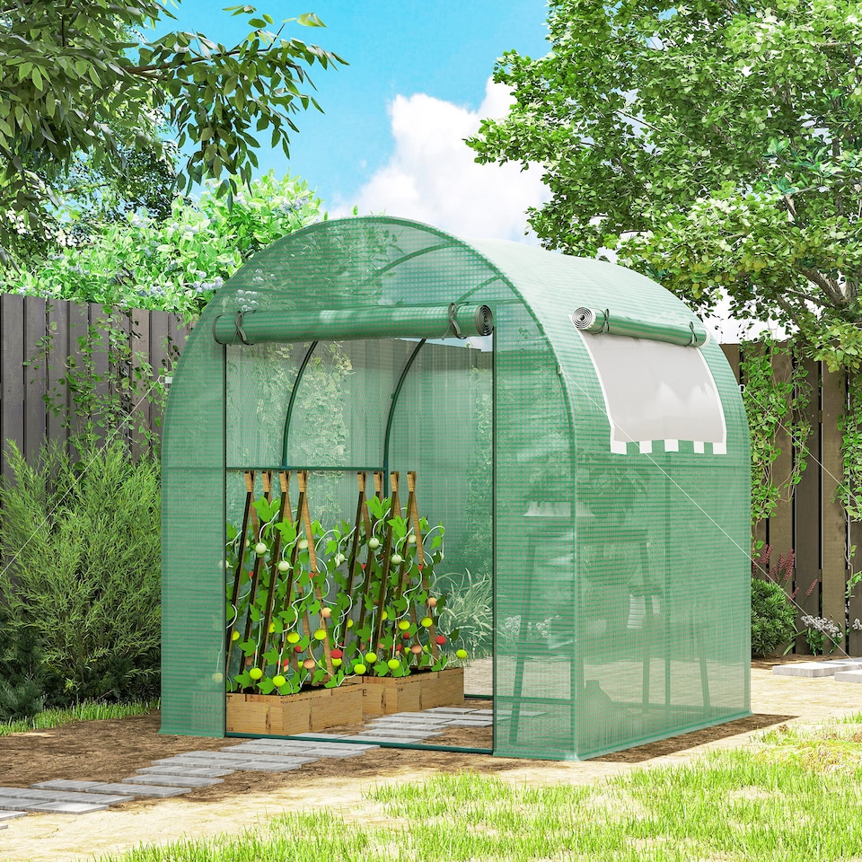 image 1 of Outsunny Walk in Polytunnel Greenhouse with Roll-up Window and Door, Green