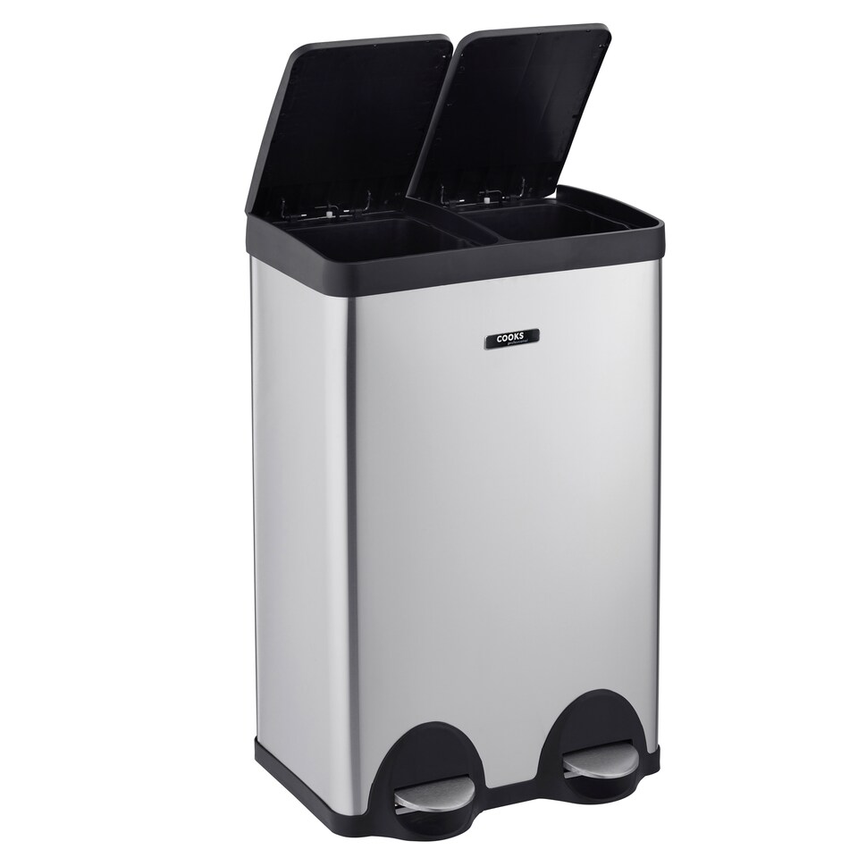 image 1 of Cooks Professional Dual Pedal Recycle Bin 60L with 2 x Compartments & Soft Close Lids | Silver