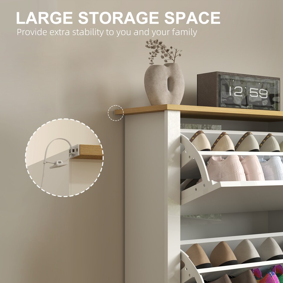 image 1 of HOMCOM 18-Shoe Storage Cabinet 6 Shelves 3 Drawers Tabletop High Gloss White | White | Oak | 1