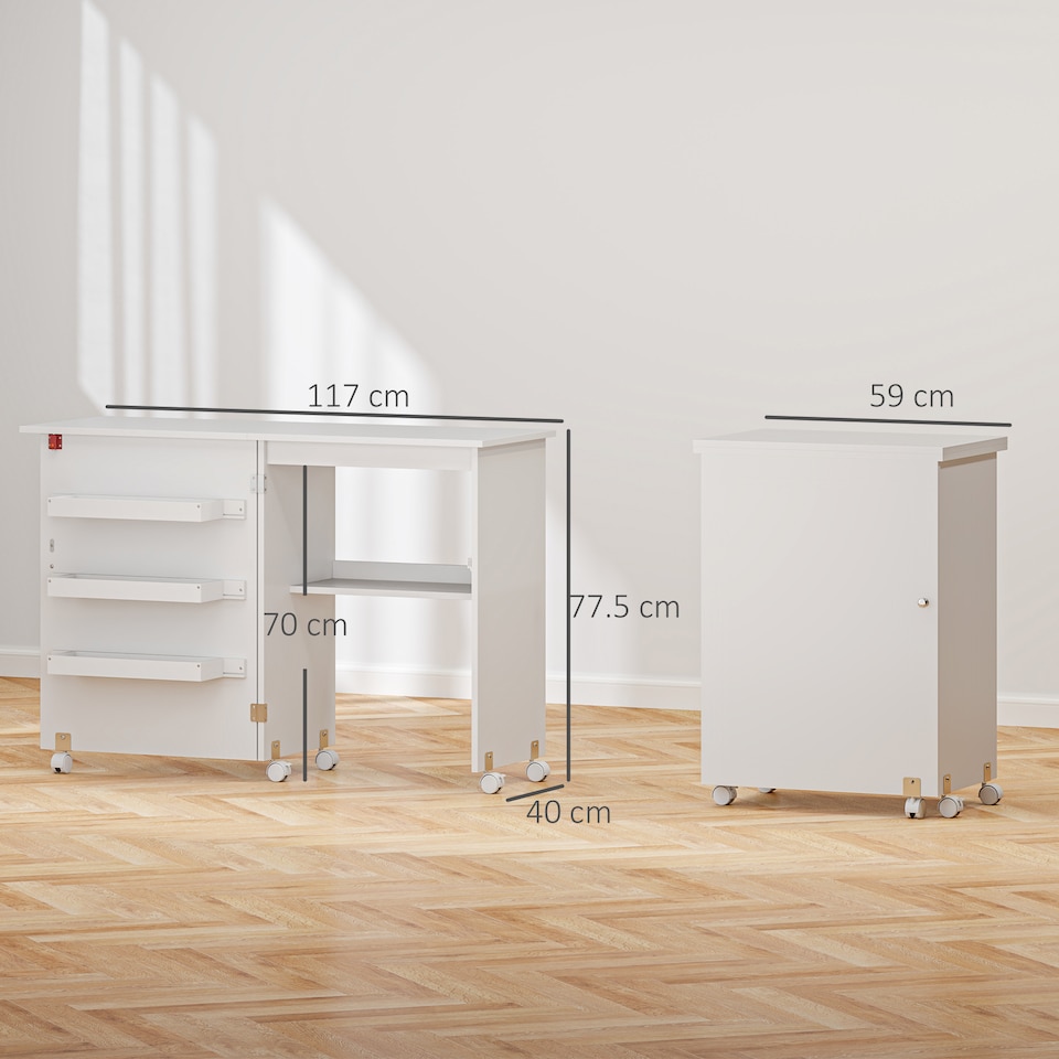 image 1 of HOMCOM Folding Sewing Table Rolling Craft Table with Drop Leaf Wheels White | White