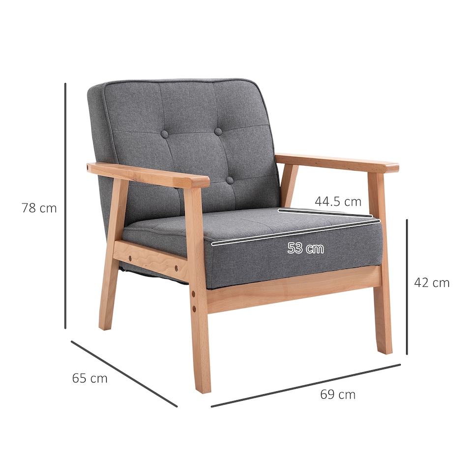 image 1 of HOMCOM Accent Chair, Linen Fabric Armchair, Occasional Chair with Rubber Wood Frame for Living Room Reception Bedroom Balcony, Grey and Natural