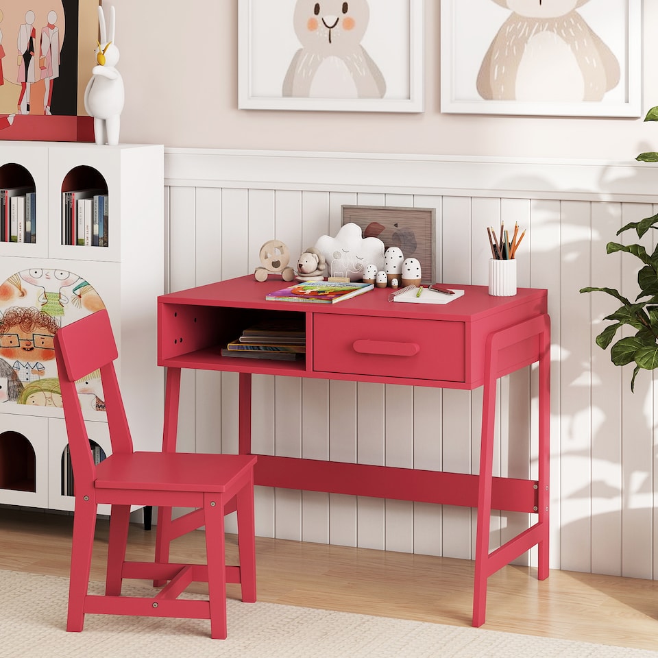 image 1 of COSTWAY Kids Desk and Chair Set with Drawer Pink