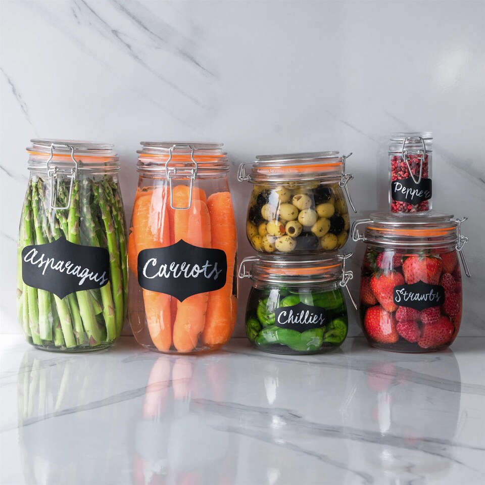 image 1 of Argon Tableware 6x Glass Storage Jars & Labels Set - 1 Litre - 4 Colour Seals Airtight Kitchen Storage Container Preserving Jar