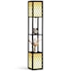 image 1 of HOMCOM Floor Lamp with Shelves, Modern Tall Standing Lamps with Fabric Lampshade, Chain Switch and Dual Light for Living Room, Bedroom, Bulb not Included, Black