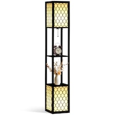 HOMCOM Floor Lamp with Shelves, Modern Tall Standing Lamps with Fabric Lampshade, Chain Switch and Dual Light for Living Room, Bedroom, Bulb not Included, Black