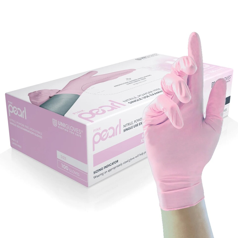 image 1 of Unigloves Pink Pearl Multipurpose, Powder Free and Latex Free Disposable Nitrile Gloves (Box x100) -Medium