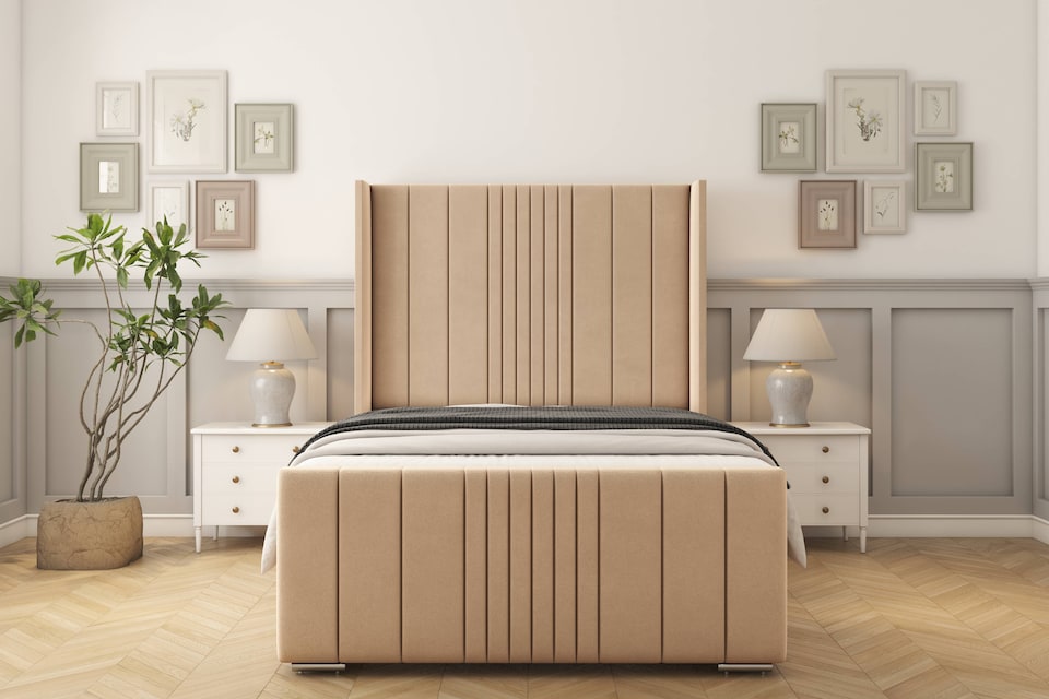 image 1 of Sloomy Hargrave Pebble Plush Bed Frame With 50"  Upholstered Wingback Headboard 2'6 Small Single
