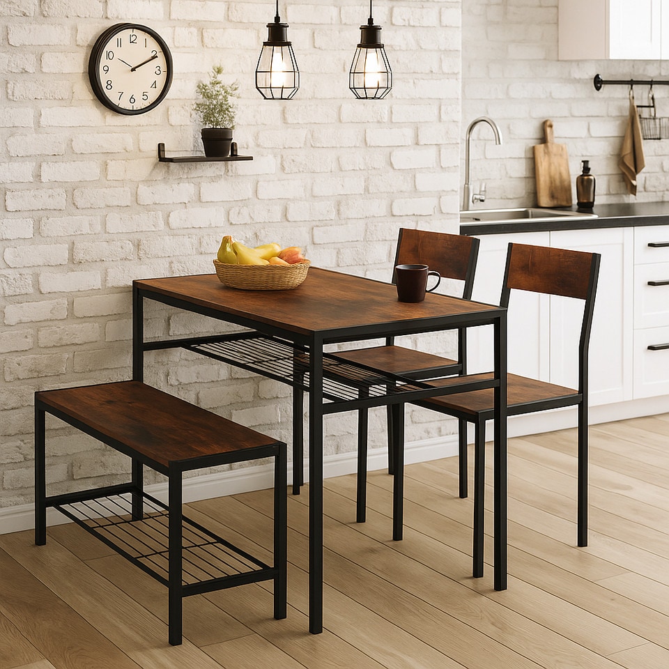 image 1 of 4 Pcs Set Dining Room Table Metal Frame with 2 Matching Chairs and Bench Kitchen | Multi | Rustic Brown
