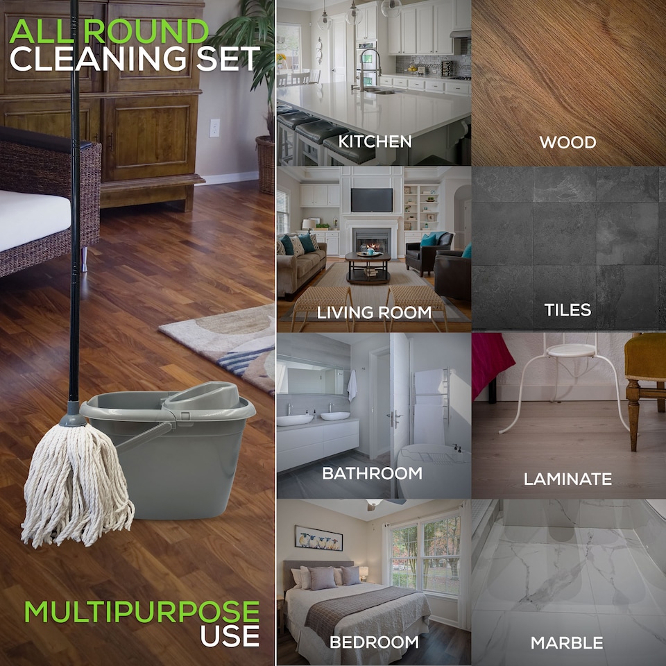 image 1 of Traditional Pure Cotton Mop and Bucket Set 12L Grey Floor Cleaner with Wringer