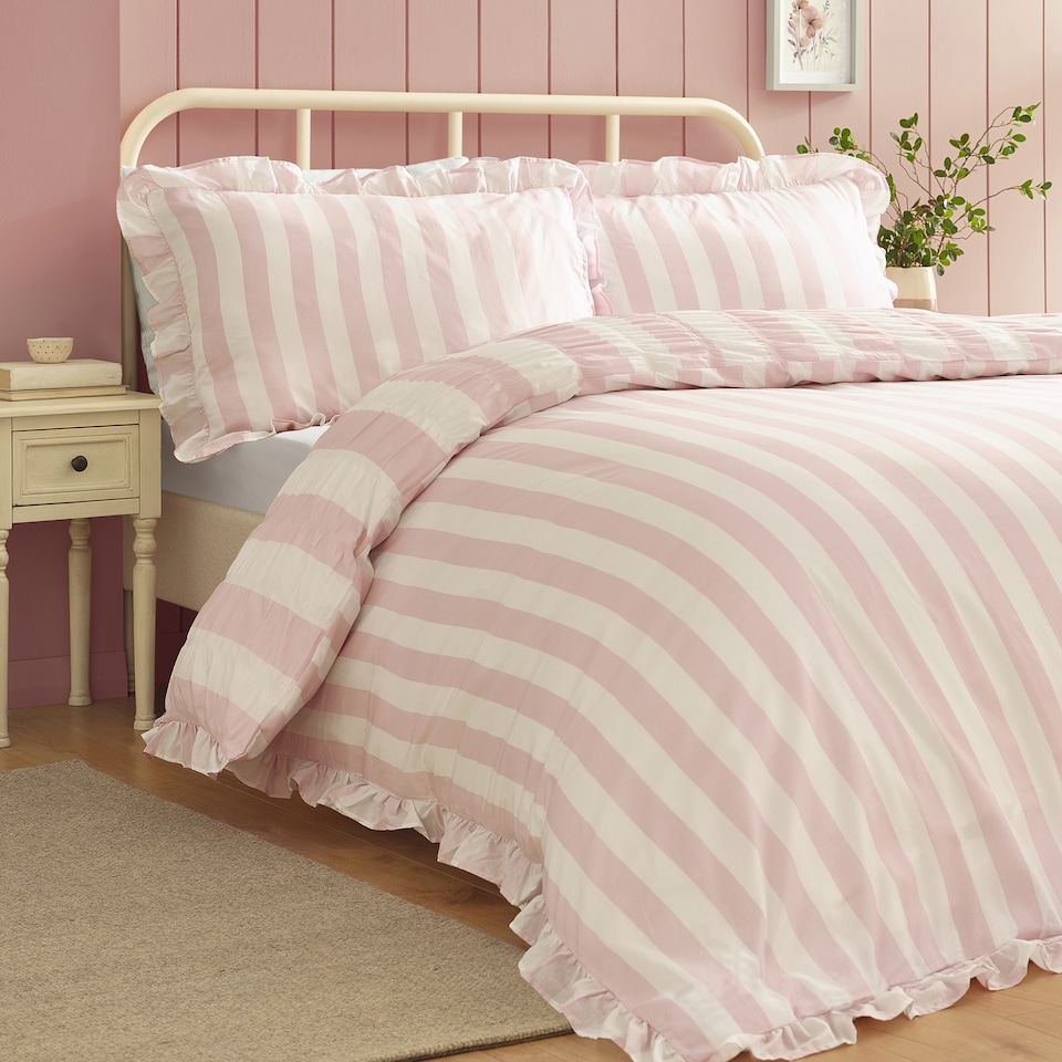 image 1 of Catherine Lansfield Seersucker Frill Stripe Duvet Cover Set | Pink | King