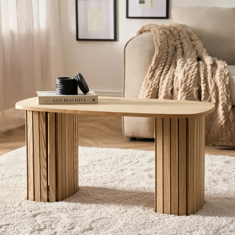 image 1 of OHS Ribbed Curved Home Furniture Living Room Decor Coffee Table White | White Marble