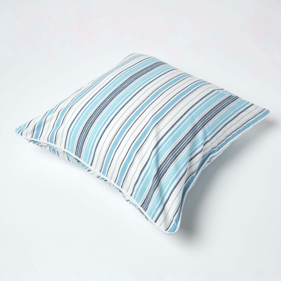 image 1 of Homescapes Cotton New England Stripe Cushion Cover - 60 x 60 cm | Blue | Blue | 60 x 60 cm