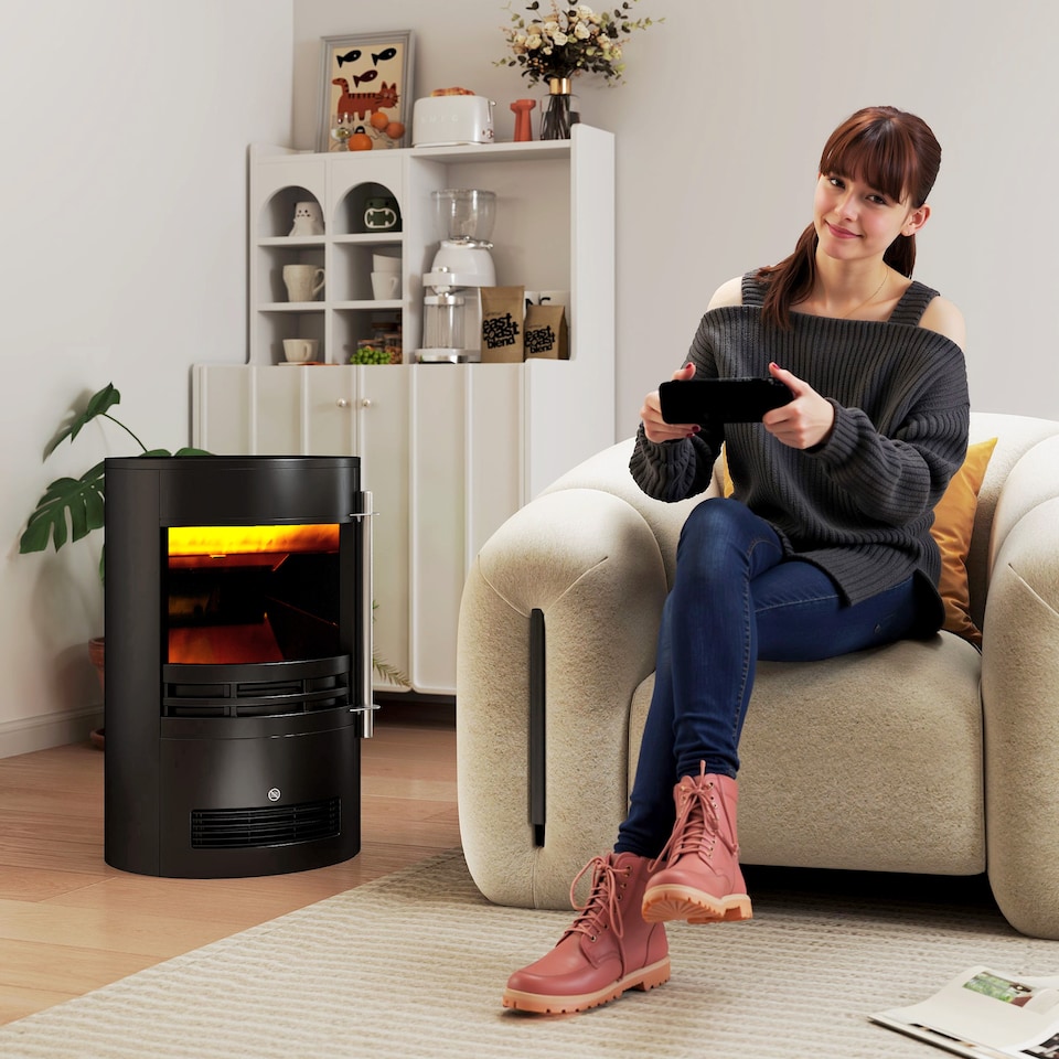 image 1 of HOMCOM Fireplace Electric Heater Stove w/ Thermostat Control Black Freestanding | Black