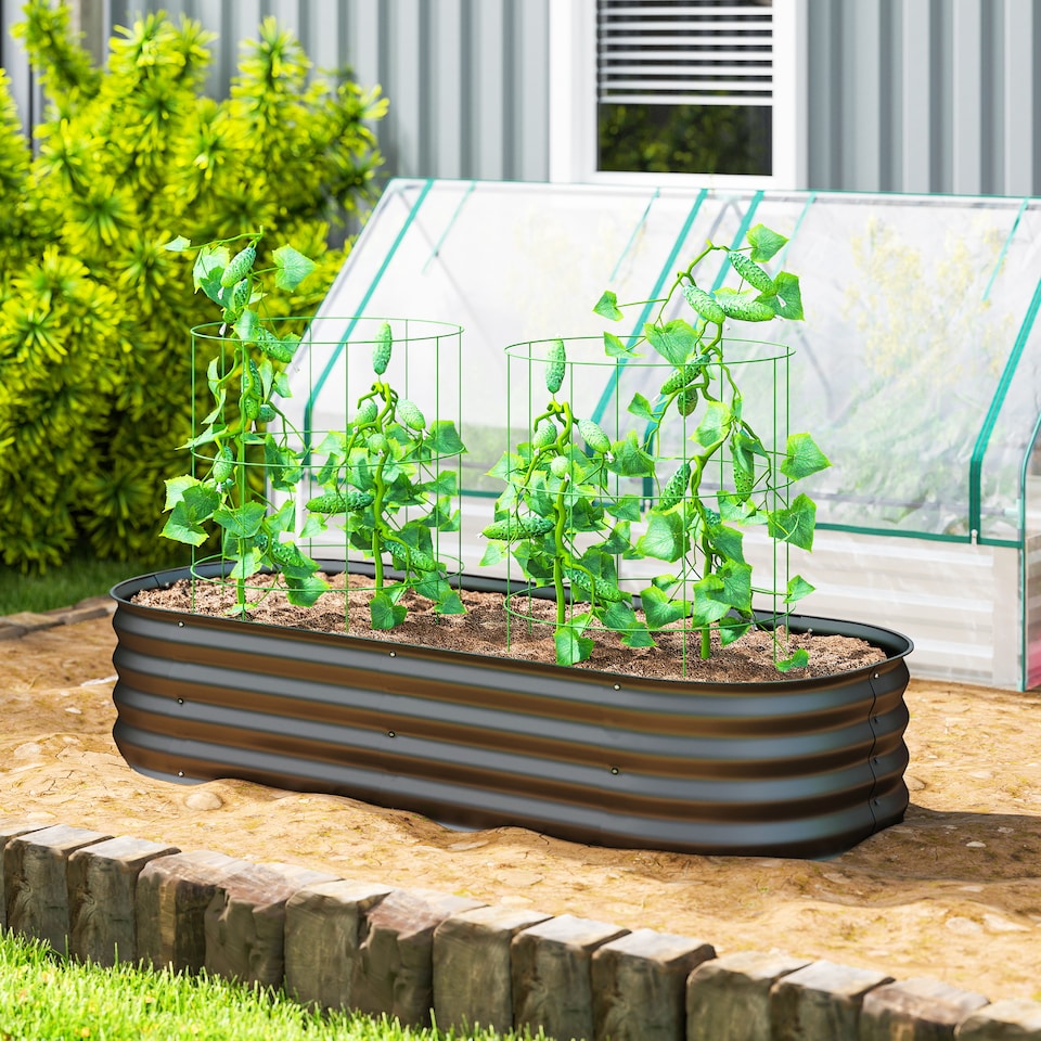 image 1 of Outsunny Galvanised Raised Garden Bed Planter Box with Safety Edging, Dark Grey