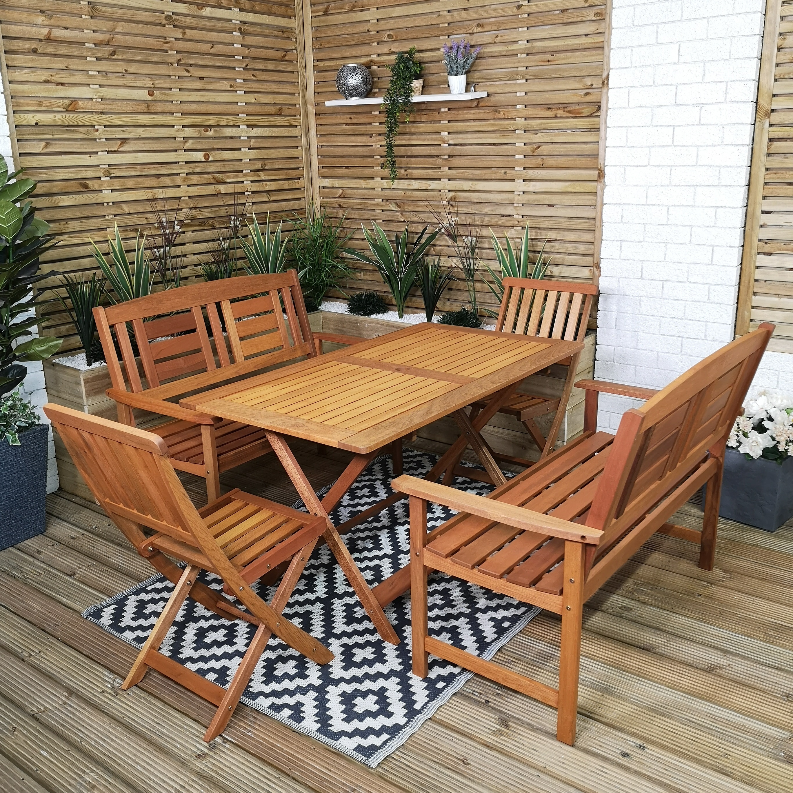 Outdoor 6 Person Folding Rectangular Wooden Garden Patio Dining Table Chairs and 2 Benches Set