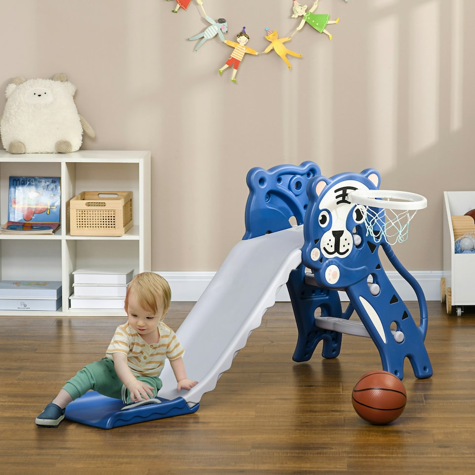 image 1 of AIYAPLAY Kids Slide with Basketball Hoop, Basketball, for 18-36 Months, Blue